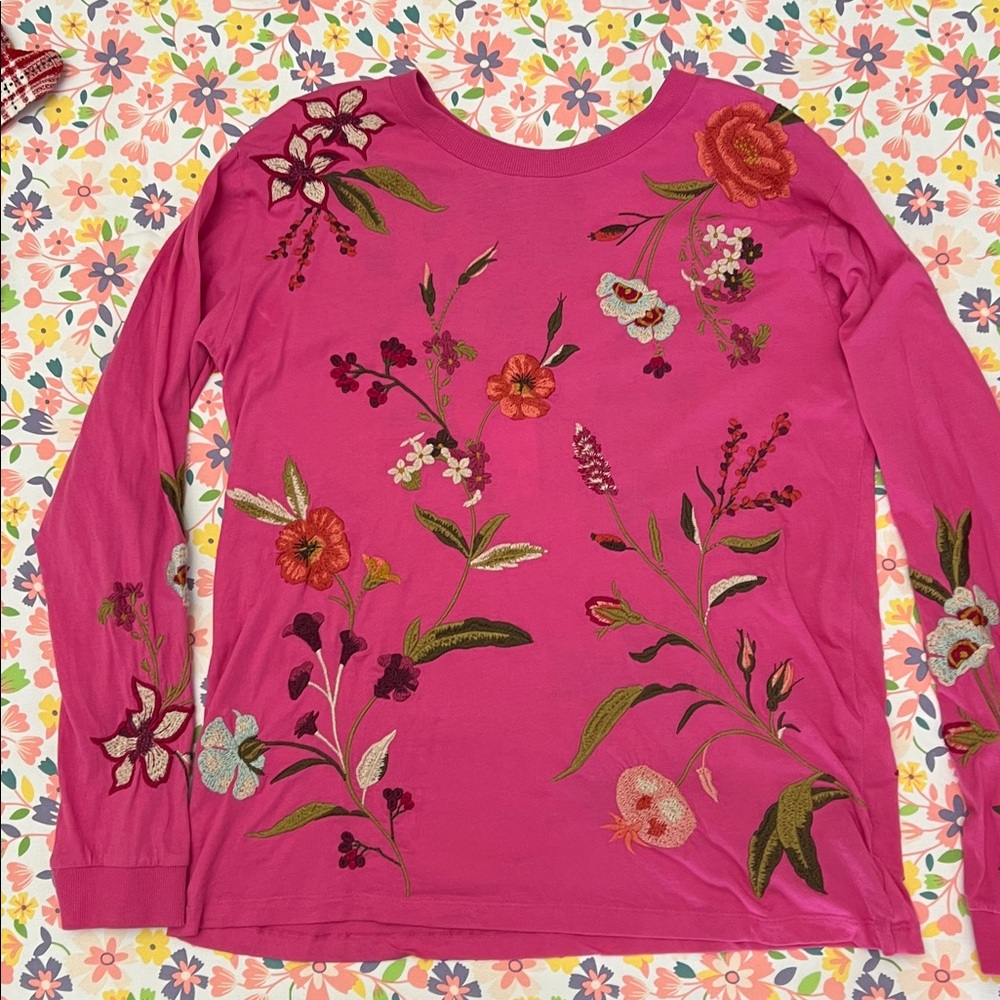 Johnny Was Pink Floral Embroidered Long Sleeve Top